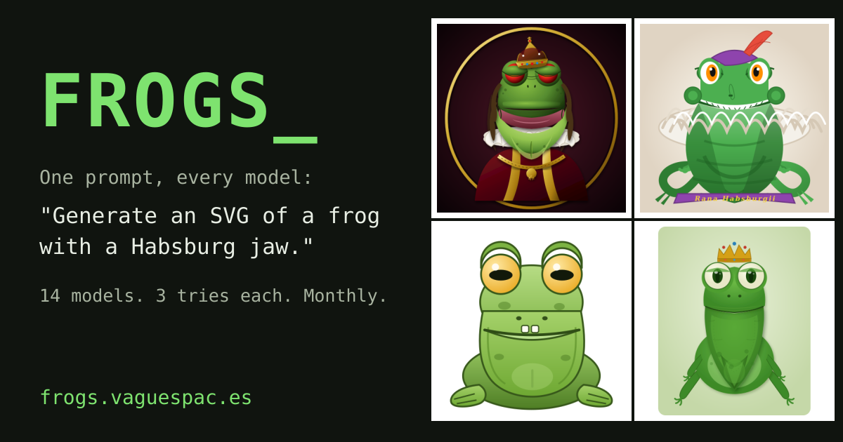 My personal AI benchmark: 'Generate an SVG of a frog with a Habsburg jaw'