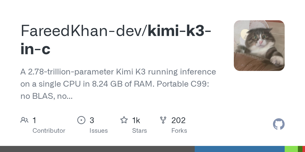 kimi-k3-in-c — 2.78T Kimi K3 on a single CPU in 8.24 GB of RAM