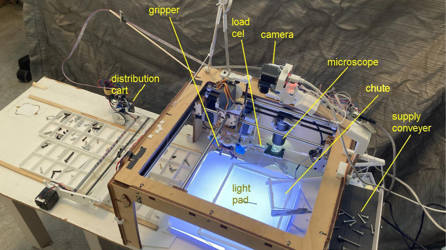 A robotic screw-and-bolt sorter built from an ESP32 and an old 3D printer